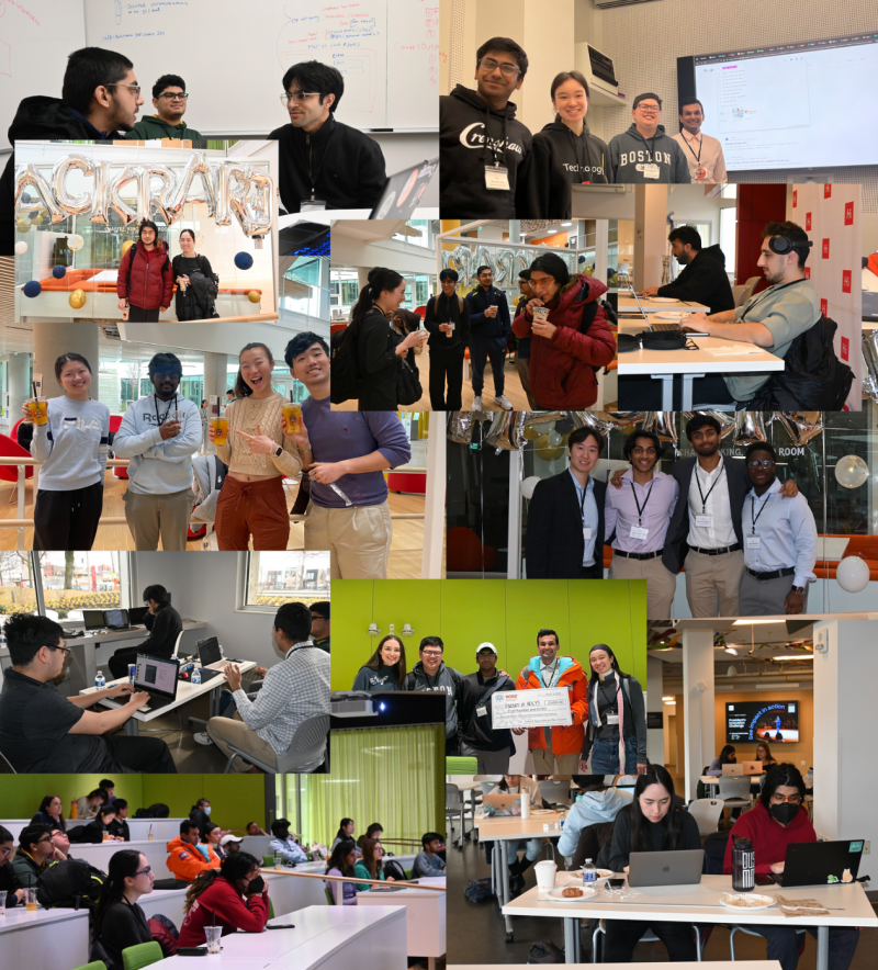 A collage of hackathon participants smiling and in groups.