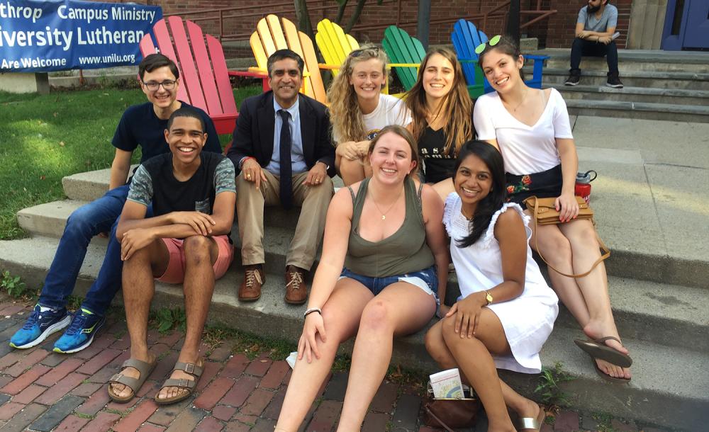 Students sitting with Dean Khurana