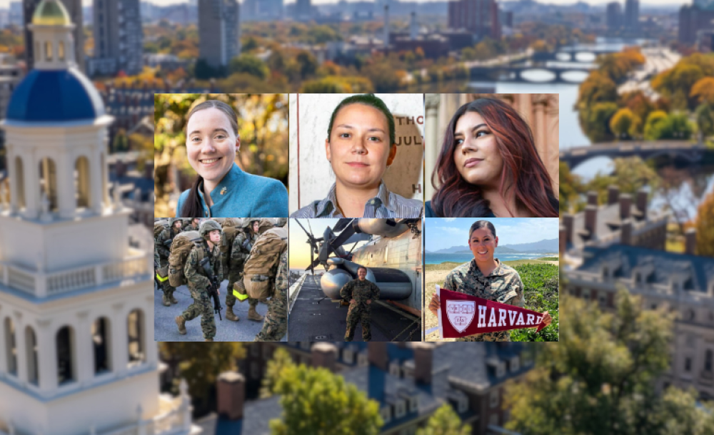 Harvard Women Veterans overlayed on top of a background of Harvard's Campus
