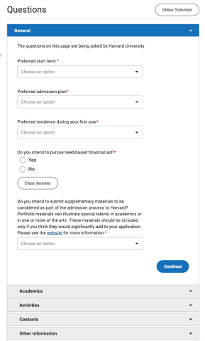 Screenshot of Common App - Harvard Questions
