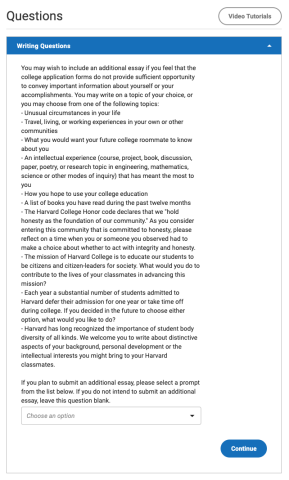 Screenshot of Common App - Harvard Writing Supplement