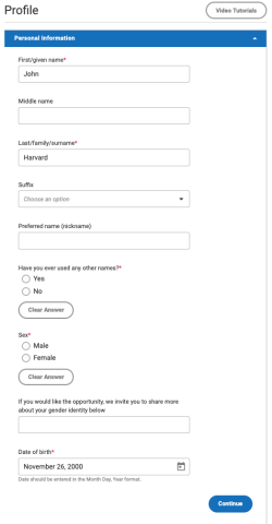 Screenshot of Profile section of Common App