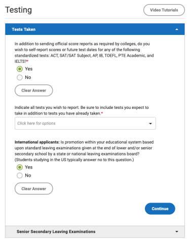 Screenshot of Common App testing questions
