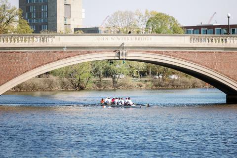 students rowing on river