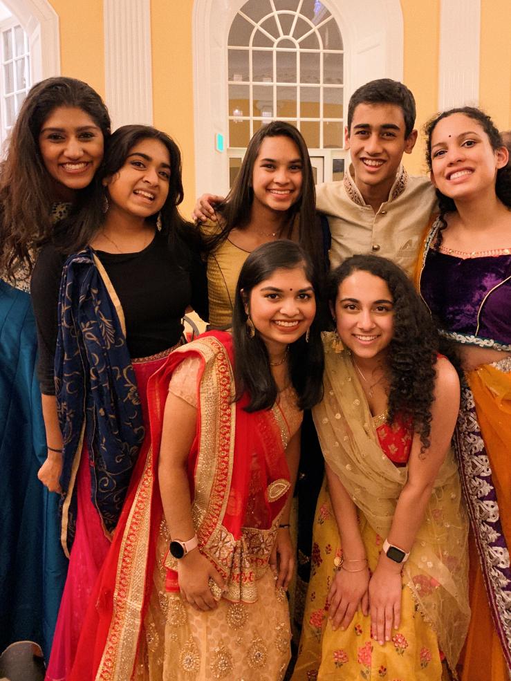 Varshini Odayar, Janani Sekar, Siona Prasad, Nikhil Dharmaraj, Swathi Kella (top row, left to right), Eshika Saxena, Ruhi Nayak (bottom row, left to right) wearing South Asian clothes at Andaaz 2019!