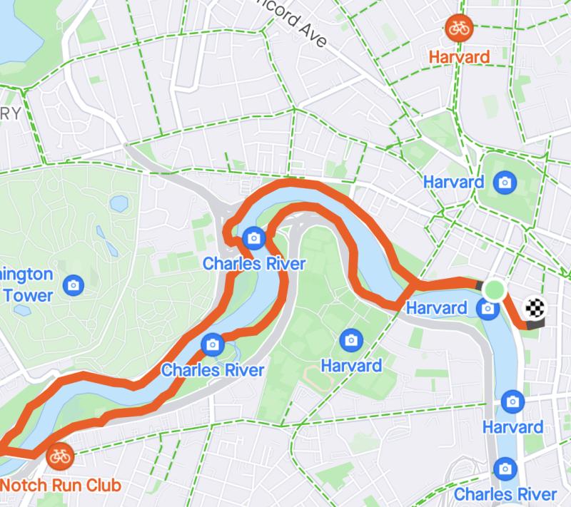 Map of 5-mile loop that crosses Arsenal Street Bridge Bridge around Charles River