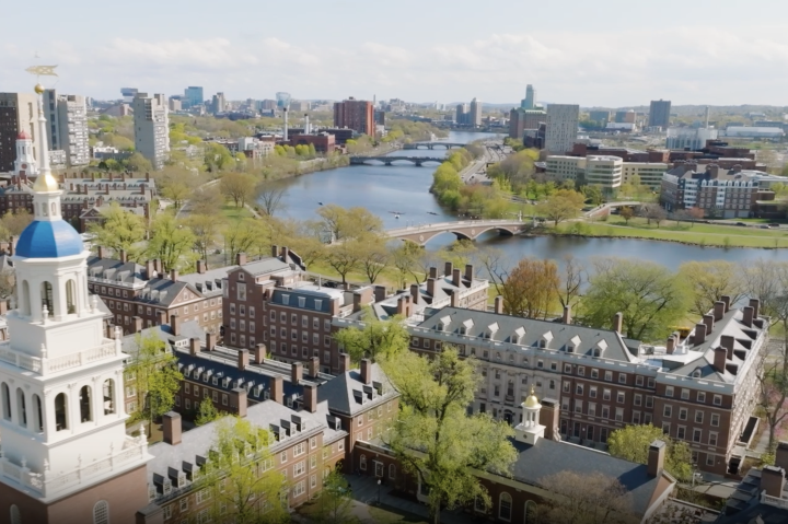 Aerial view of Charles River and campus and bell tower