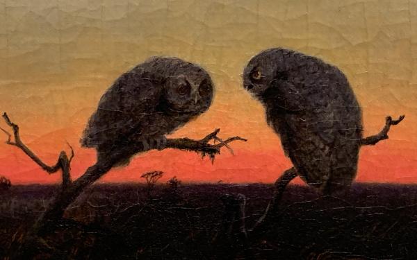 Painting of two owls sitting on branches jutting up from a darkened field in front of a red and yellow sunset.